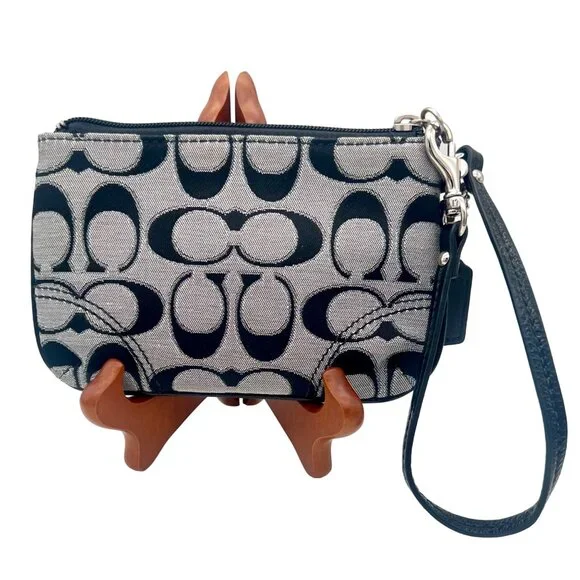 Coach Signature Black Grey Metallic Wristlet Clutch Purse Leather Bag Charm Y2K - Picture 4 of 5